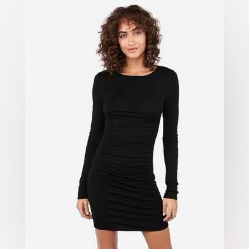Express Black Ruched Long Sleeve Dress